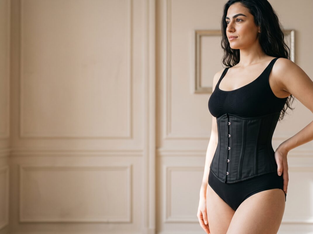 Femme portant un serre-taille corset noir à baleines, bannière principale.
