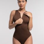 Body Culotte Sculptant Côtelé Sans Manches avec Zip Frontal