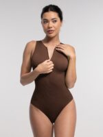 Body Culotte Sculptant Côtelé Sans Manches avec Zip Frontal